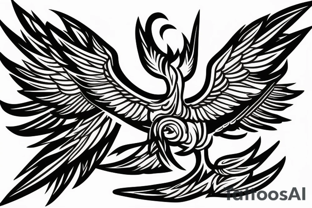 Phoenix bird with open beak and wings above the fire tattoo idea
