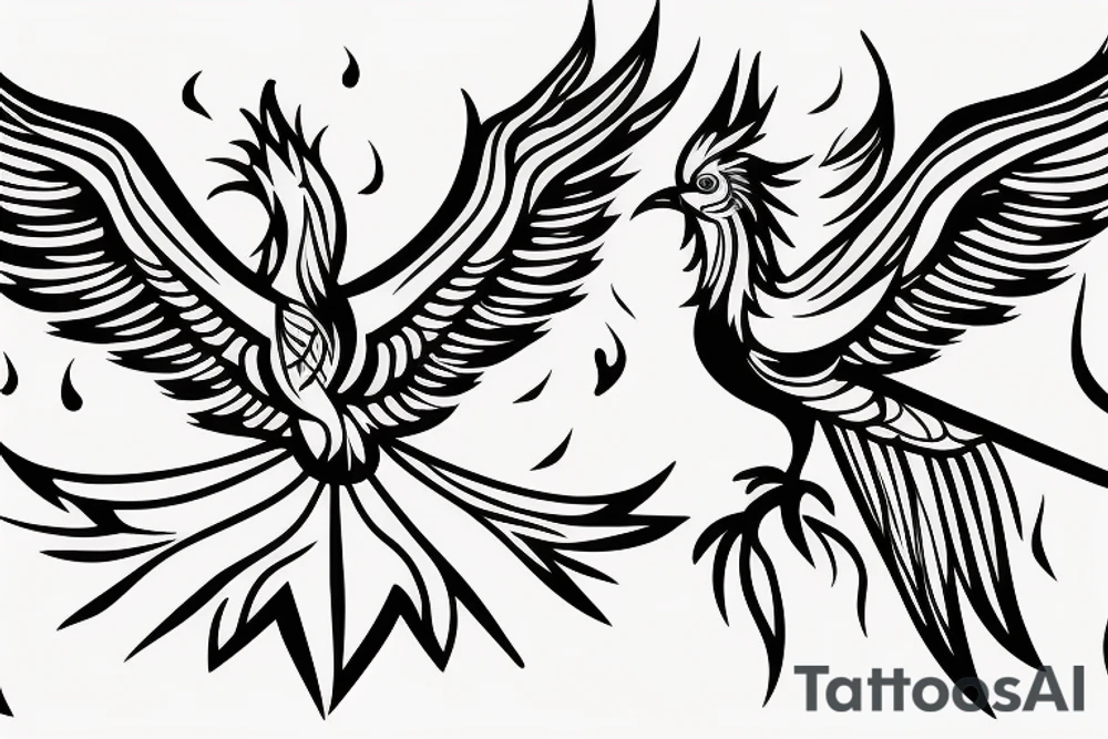 Phoenix bird with open beak and wings above the fire tattoo idea