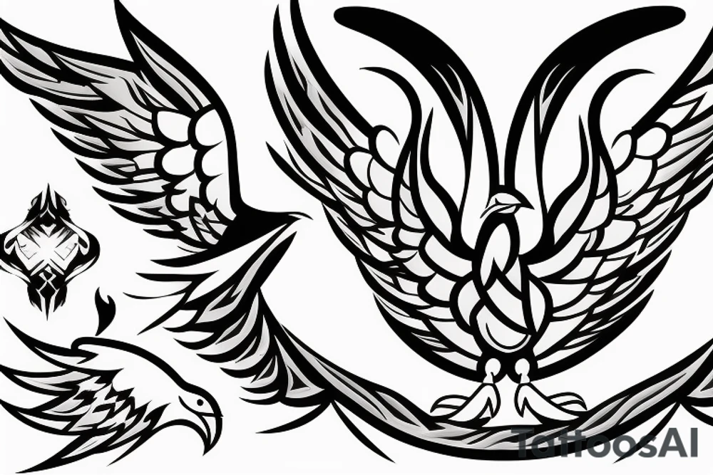 Phoenix bird with open beak and wings above the fire tattoo idea