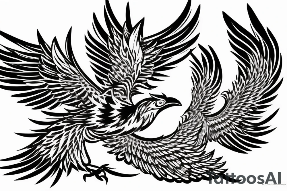 Phoenix bird with open beak and wings above the fire tattoo idea