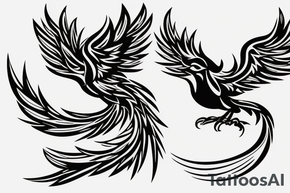 Phoenix bird with open beak and wings above the fire tattoo idea