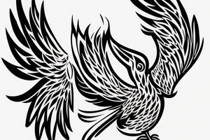 Phoenix bird with open beak and wings above the fire tattoo idea