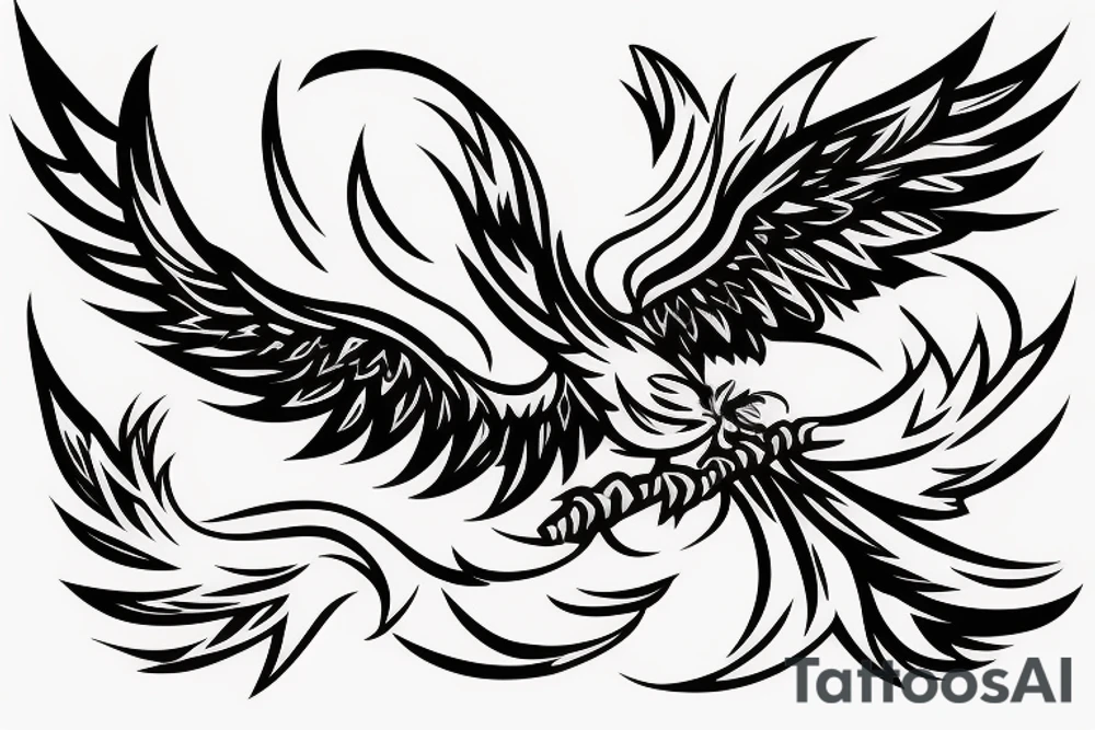 Phoenix bird with an open beak and wings sits on the fire tattoo idea