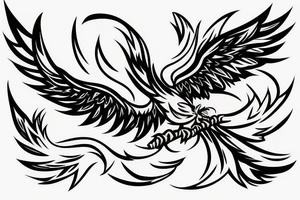 Phoenix bird with an open beak and wings sits on the fire tattoo idea
