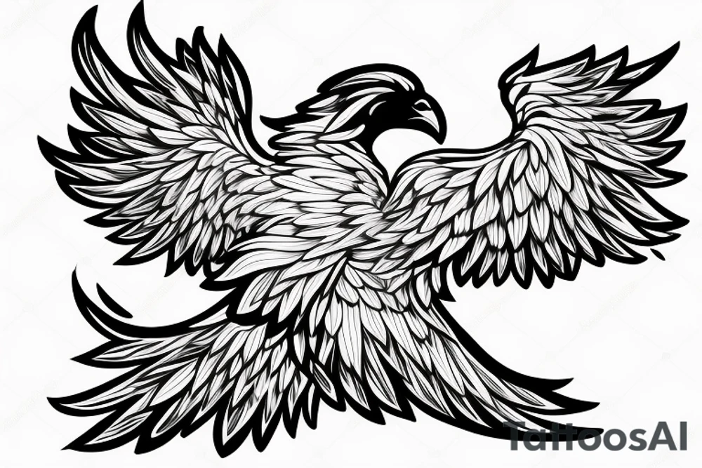 Phoenix bird with an open beak and wings sits on the fire tattoo idea