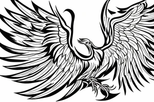 Phoenix bird with an open beak and wings sits on the fire tattoo idea