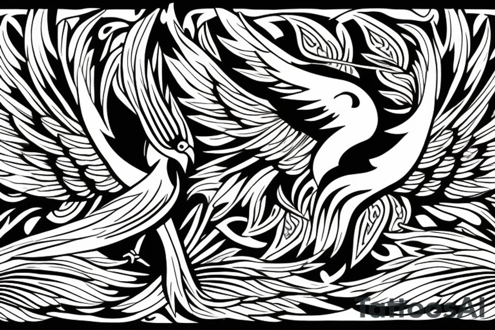 Phoenix bird with an open beak and wings sits on the fire tattoo idea