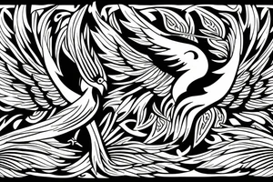 Phoenix bird with an open beak and wings sits on the fire tattoo idea