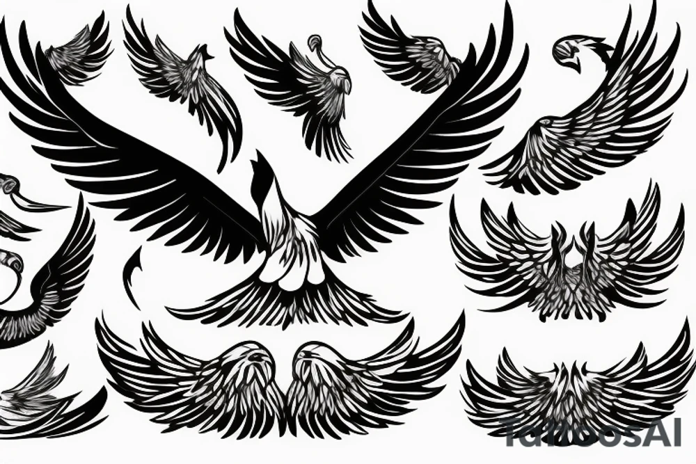 Phoenix bird with an open beak and wings sits on the fire tattoo idea