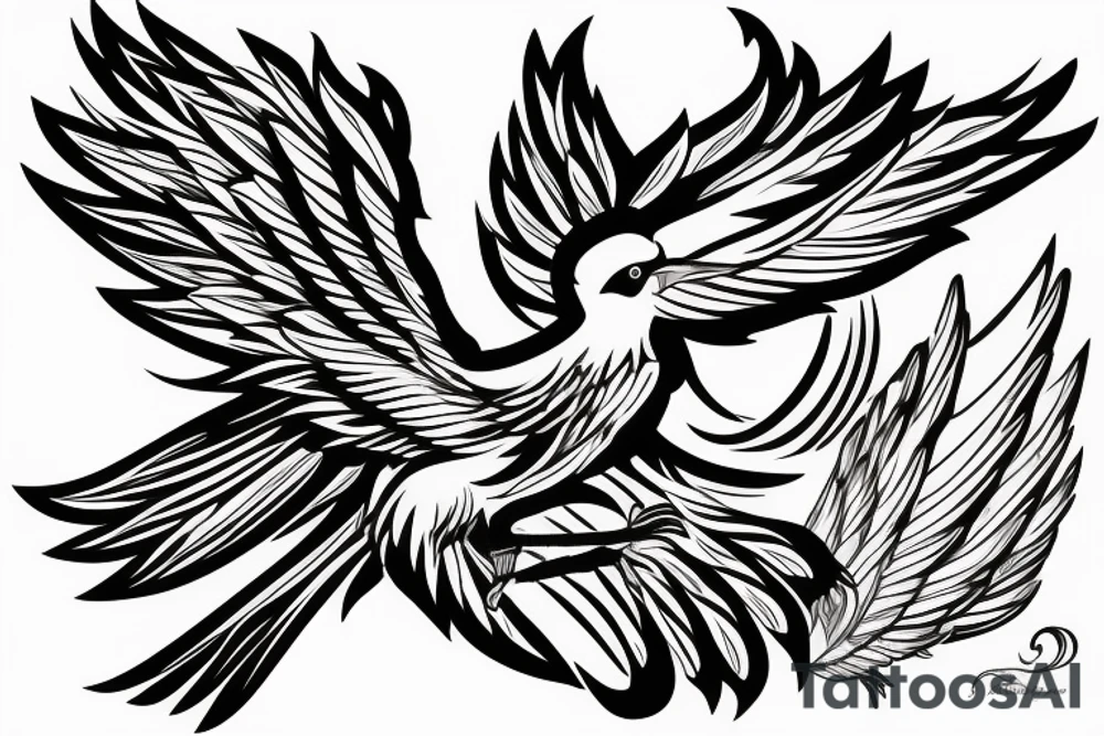 Phoenix bird with an open beak and wings sits on the fire tattoo idea