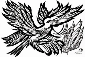 Phoenix bird with an open beak and wings sits on the fire tattoo idea