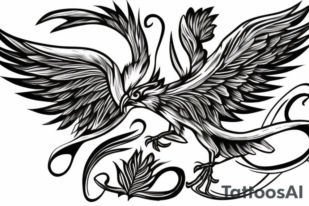 Phoenix bird with an open beak and wings sits on the fire tattoo idea