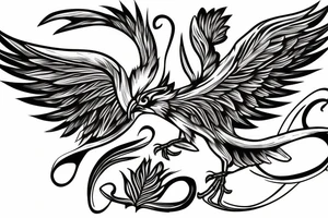 Phoenix bird with an open beak and wings sits on the fire tattoo idea
