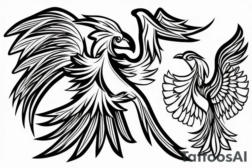 Bird Phoenix with an open beak and opened wings over the fire tattoo idea