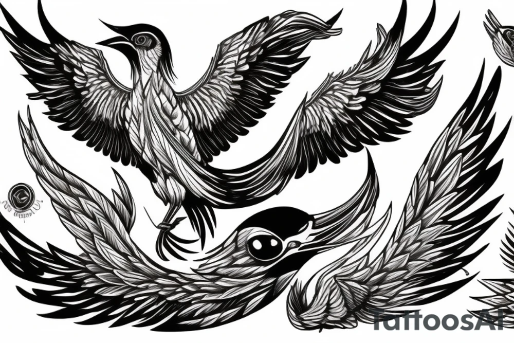 Bird Phoenix with an open beak and opened wings over the fire tattoo idea