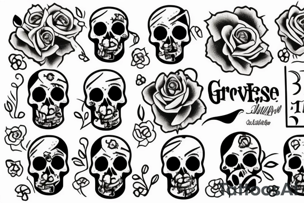 gravestone, flower, skull, patchwork, stairs, simple tattoo idea