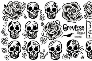 gravestone, flower, skull, patchwork, stairs, simple tattoo idea