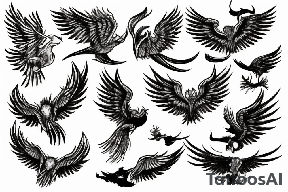 A dangerous bird with large wings over a fire of three wood and three tongues of flame. tattoo idea