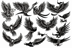 A dangerous bird with large wings over a fire of three wood and three tongues of flame. tattoo idea