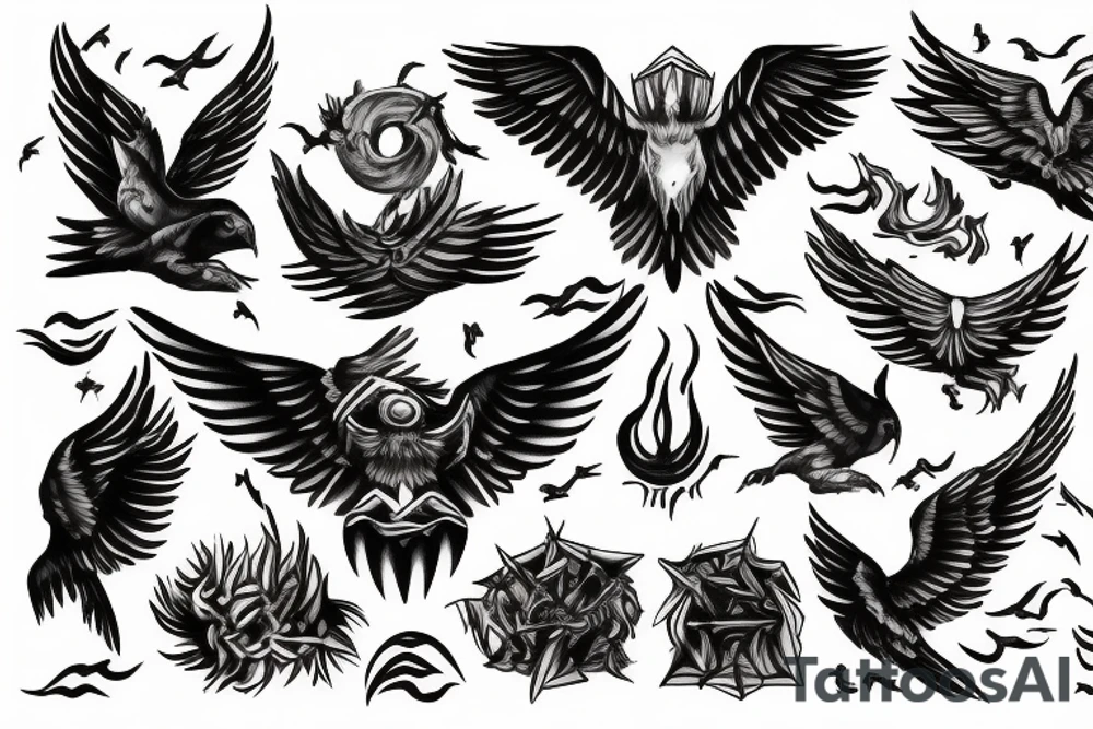 A dangerous bird with large wings over a fire of three wood and three tongues of flame. tattoo idea