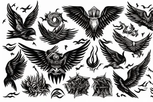 A dangerous bird with large wings over a fire of three wood and three tongues of flame. tattoo idea