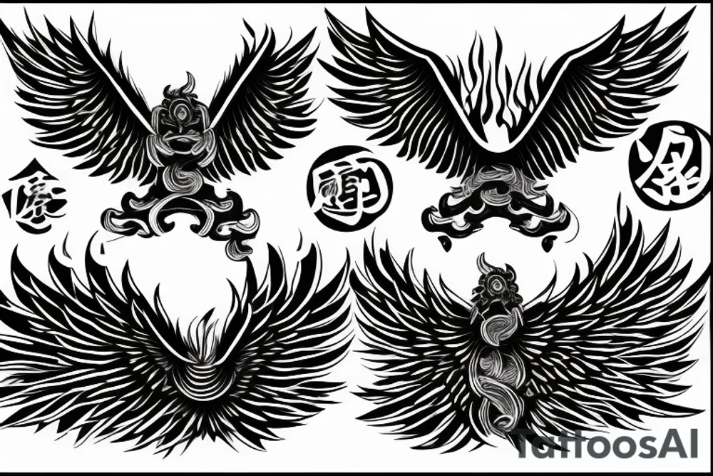 One bird with large opened wings over  three tongues of flame. tattoo idea