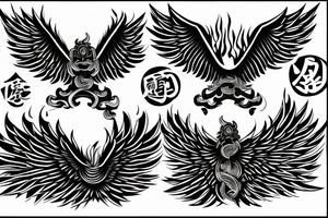One bird with large opened wings over  three tongues of flame. tattoo idea