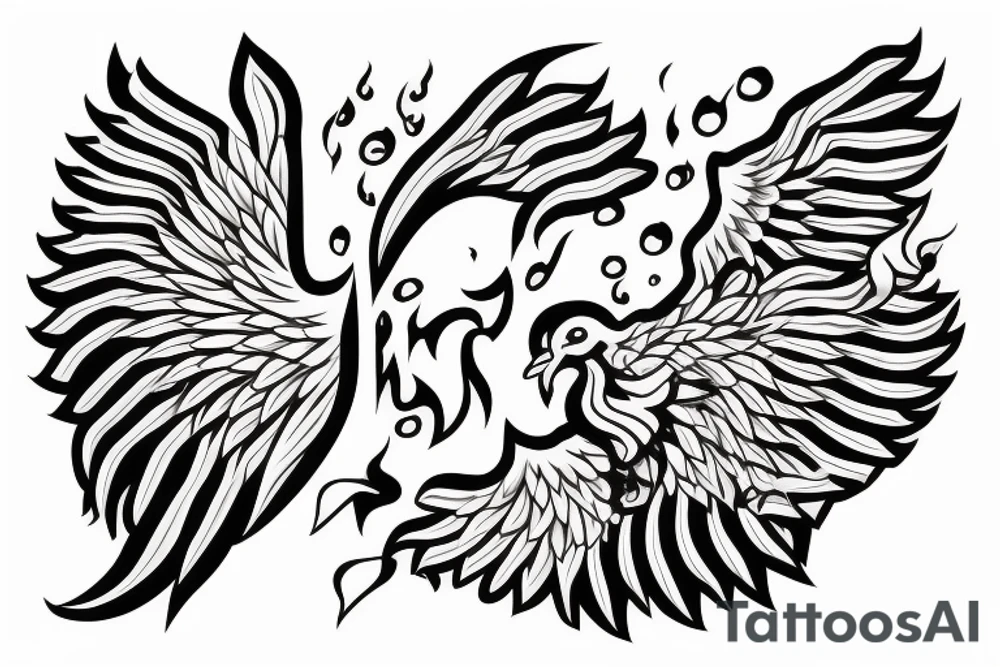 One bird with large opened wings over  three tongues of flame. tattoo idea