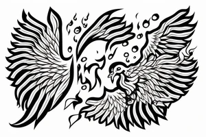 One bird with large opened wings over  three tongues of flame. tattoo idea