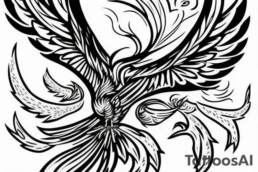 Phoenix bird with open wings, underneath there is a flame tattoo idea