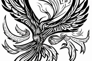 Phoenix bird with open wings, underneath there is a flame tattoo idea