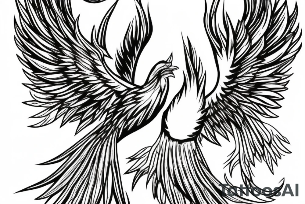 Phoenix bird with open wings, underneath there is a flame tattoo idea