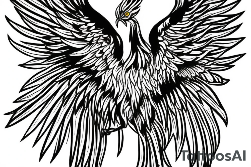 Phoenix bird with open wings, underneath there is a flame tattoo idea