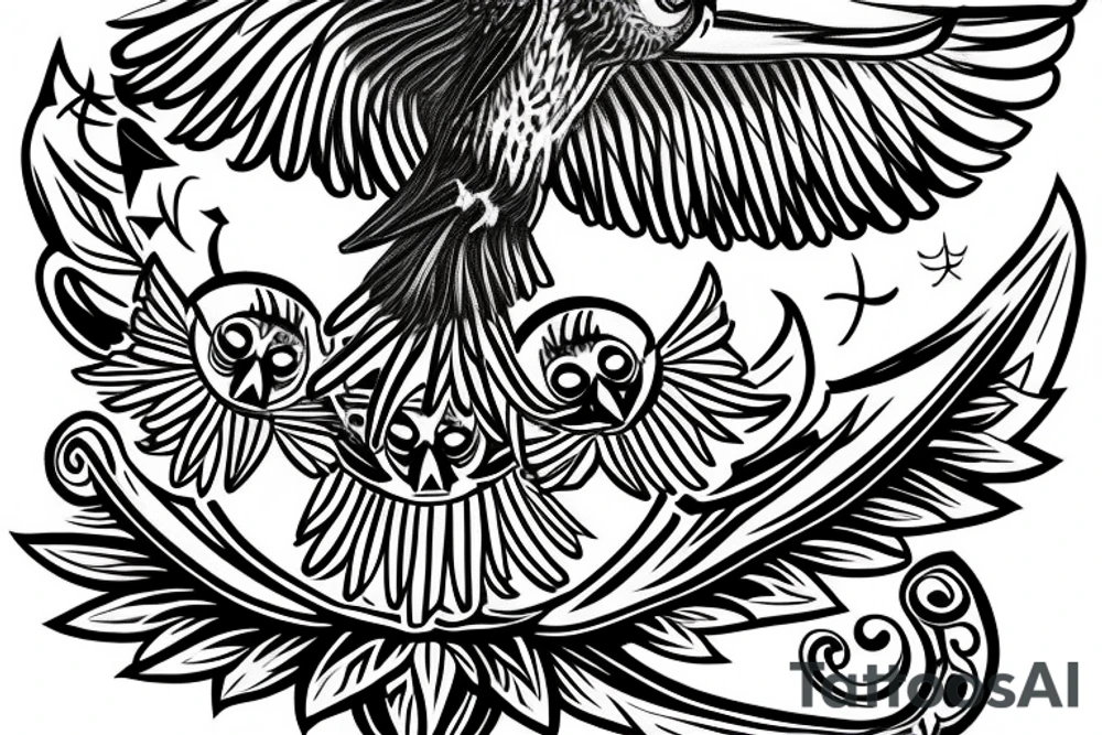 flying owl against the background of the Maltese cross tattoo idea