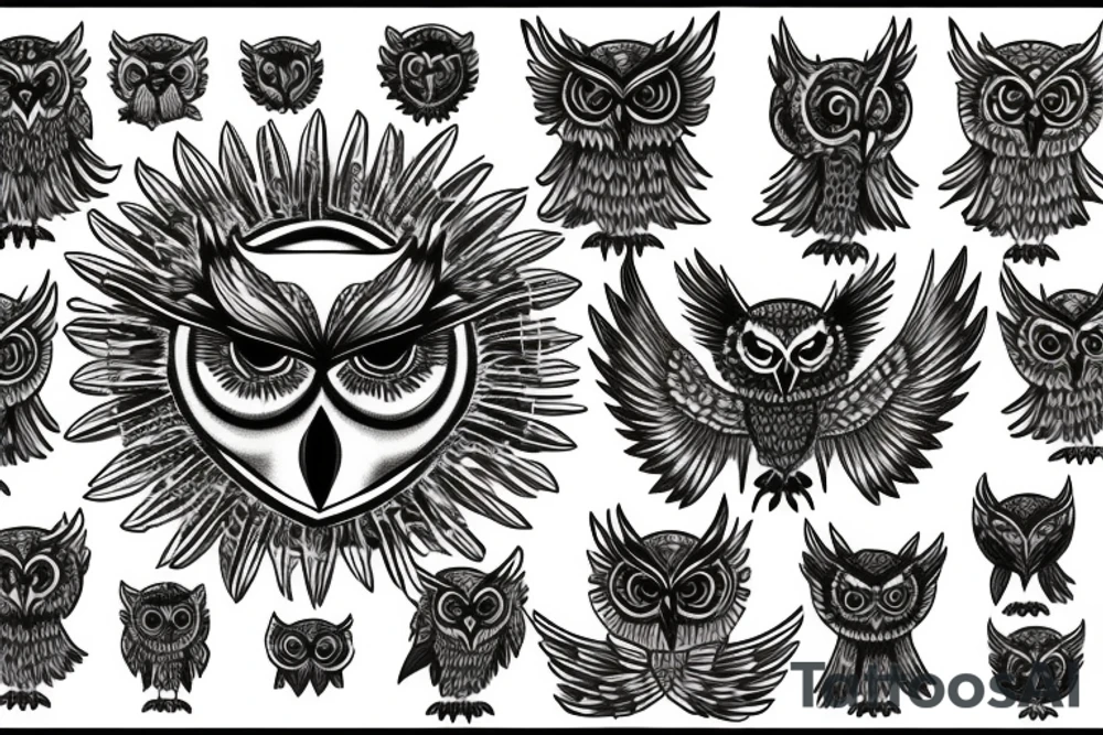 flying owl against the background of the Maltese cross tattoo idea