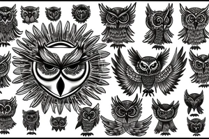 flying owl against the background of the Maltese cross tattoo idea