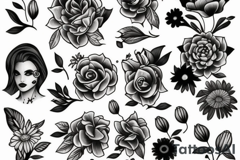 Woman turning into flowers tattoo idea
