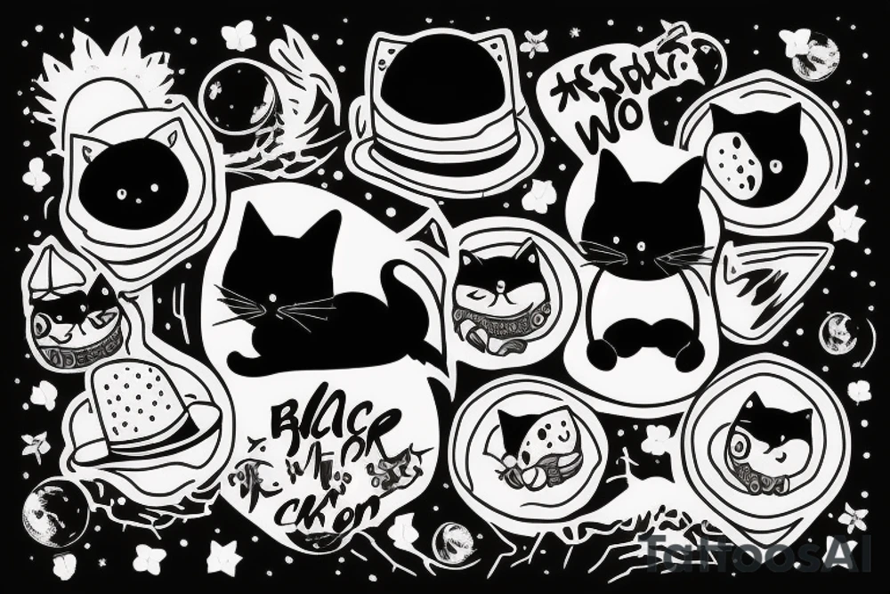 Black cat with a funny hat sitting on the moon underneath a tree tattoo idea