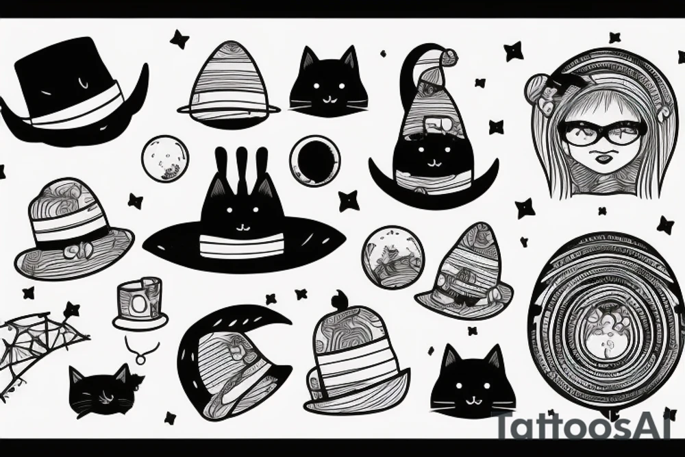 Black cat with a funny hat sitting on the moon underneath a tree tattoo idea
