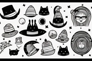 Black cat with a funny hat sitting on the moon underneath a tree tattoo idea