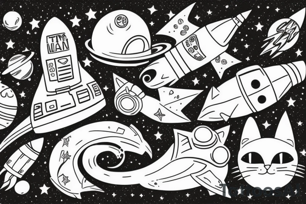space rocket cat star tattoo idea