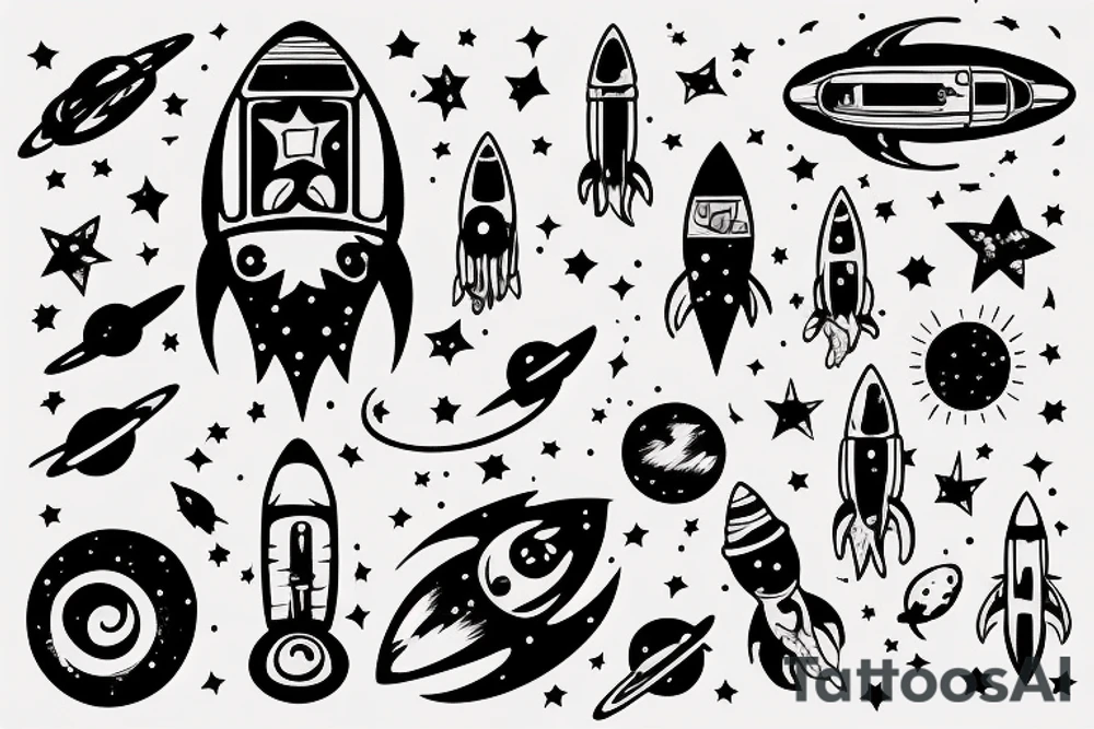 space rocket cat star tattoo idea