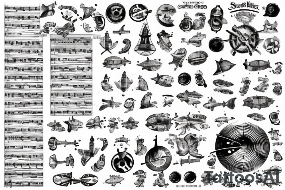 sheet music with submarines as notes tattoo idea