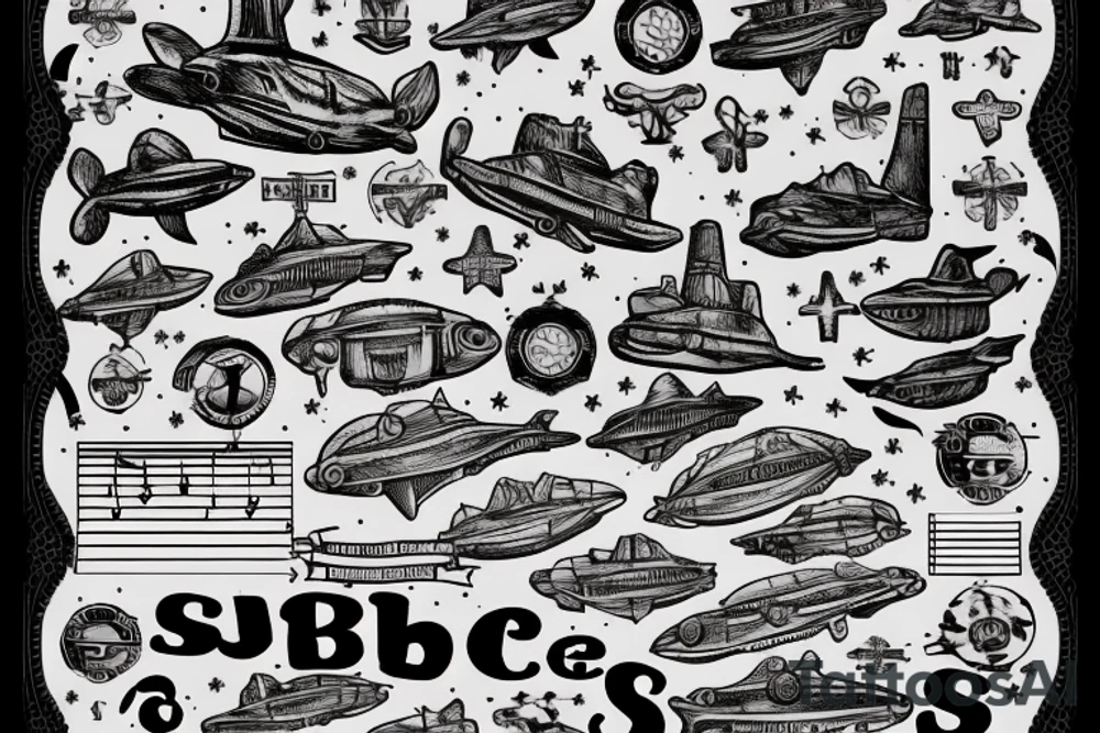 sheet music with submarines as notes tattoo idea