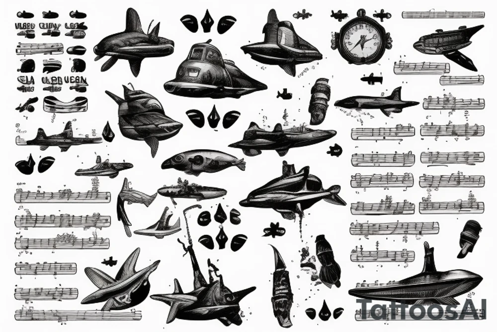 sheet music with submarines as notes tattoo idea