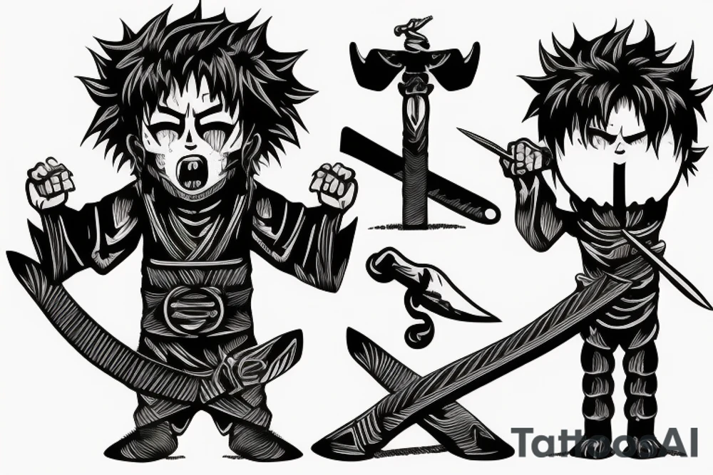 Crying guy with a hole in his chest stand with burning sword in his hand tattoo idea
