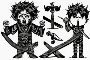 Crying guy with a hole in his chest stand with burning sword in his hand tattoo idea