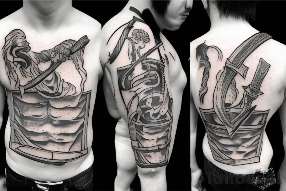 Crying guy with a hole in his chest stand with burning sword in his hand tattoo idea