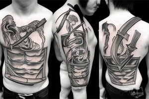 Crying guy with a hole in his chest stand with burning sword in his hand tattoo idea