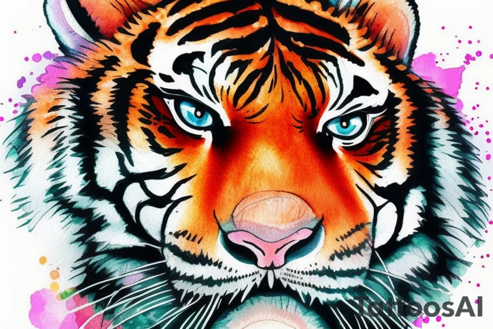 An animated tiger face.  Three dimensional.  That's very brightly colored and had great detail tattoo idea